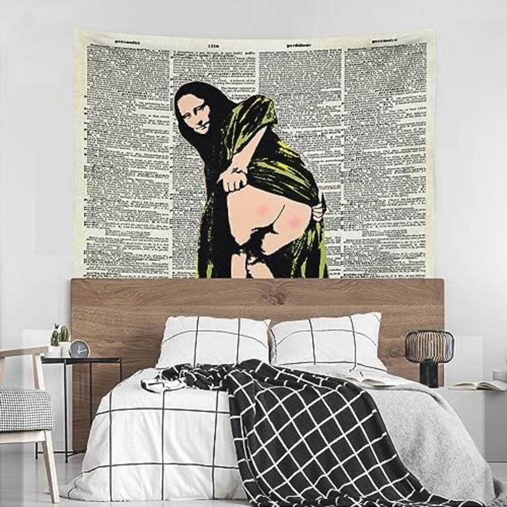 Funny Mona Lisa Parody Tapestry Wall Hanging Dictionary Art Green 52x61 NEW